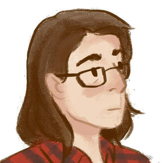 A 3/4 digital portrait of a long haired woman wearing glasses and a red plaid shirt